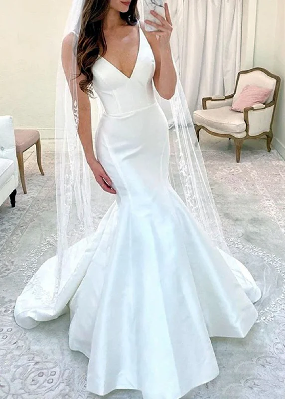 women's maximalist dressesWomen Mermaid Satin Wedding Dresses Sleeveless V-Neck Bridal Gowns YWD220