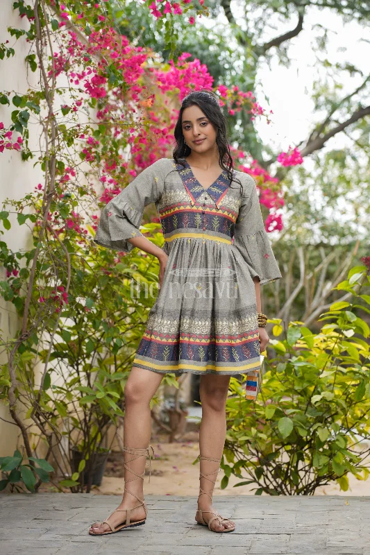women's short-sleeved dressesElegant Grey Party Wear Frocks for Ladies with Colorful Embroidery and Flared Design