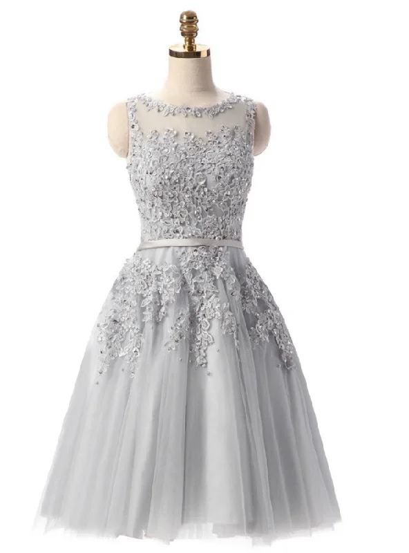 women's breathable dressesGray Lace Short Beaded Homecoming Dress