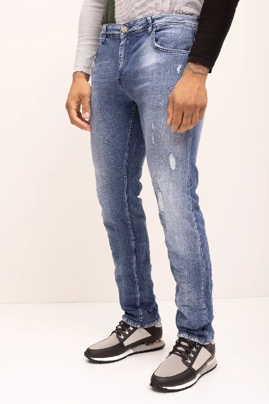 Jeans for Men with a Big BellyStraight Cut Cotton Denim Distressed Jeans- Indigo