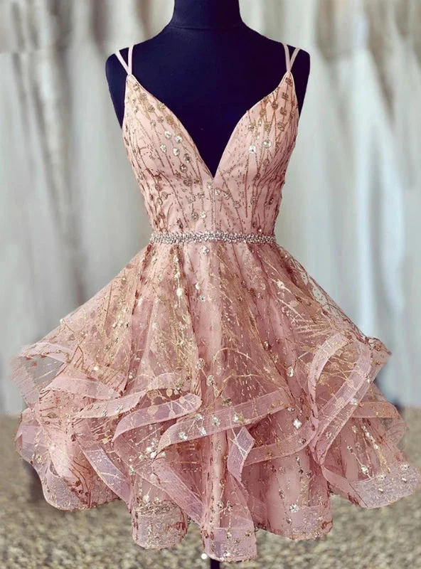 Trumpet DressPink Tulle Sequins Doulble Straps Sequins Homecoming Dress