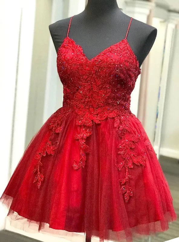 Spaghetti Strap DressRed Tulle Spaghetti Straps Appliques Homecoming Dress