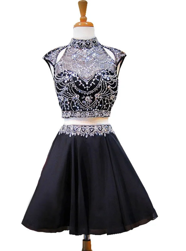 Sequined DressHigh Neck Beaded Crystals Backless Chiffon Homecoming Dress