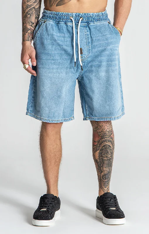 Men's Patterned Pants with Camouflage PrintsLight Blue Elastic Waist Shorts