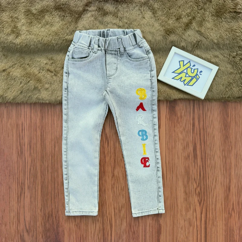Classic Men's Jeans StyleLight Gray Jeans for Girls with "Barbie" Embroidery