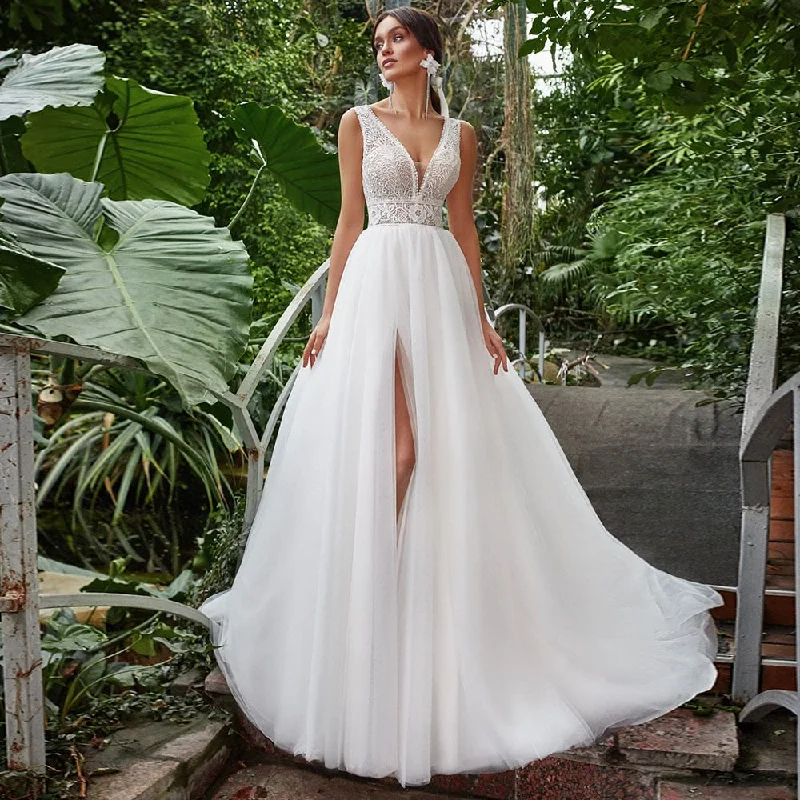 women's high-low dressesRoycebridal Lakshmigown Summer Tulle Wedding Dress Elegant V-Neck Sleeveless Lace Sweep Train A Line Bridal Gowns with Slit women's high-low dressesRoycebridal Lakshmigown Summer Tulle Wedding Dress Elegant V-Neck Sleeveless Lace Sweep Train A Line Bridal Gowns with Slit
