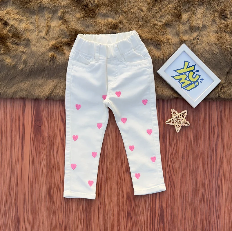 Men's Jeans in Unique PatternsGirls' White Cotton Jeans with Heart Embroidery
