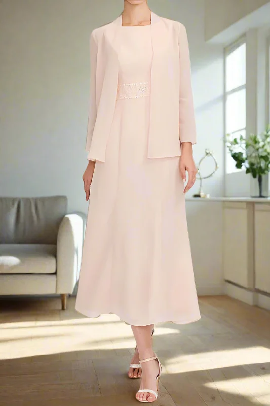 women's bow dressesTea Length Chiffon Two Piece A Line Mother of the Bride Dress