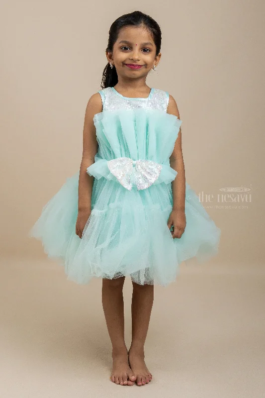 Long-Sleeve DressTeal Blue Soft Net Sequenced Yoke Party Gown For Baby Girls