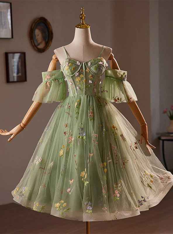 Satin DressGreen Tulle Embroidery Straps Short Homecoming Dress