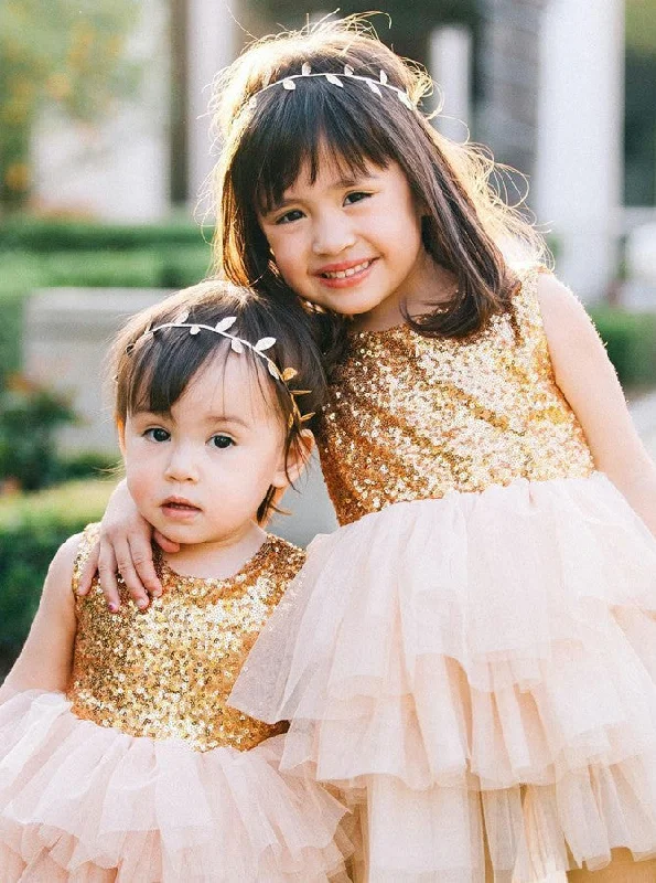 High-Neck DressSequins Gold Tulle Flower Girl Ball Gown Dress With Bowknot OF108