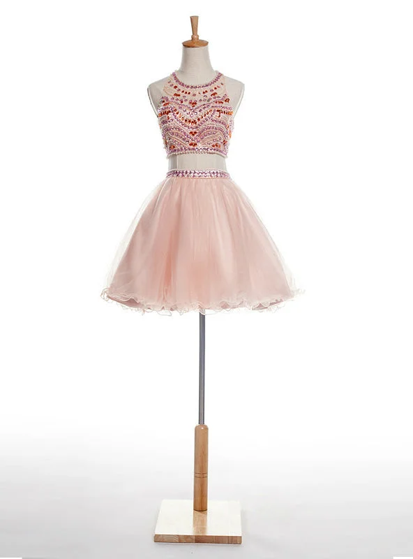Bell-Sleeve DressPink Two Piece Halter Backless Tulle With Crystal Homecoming Dress