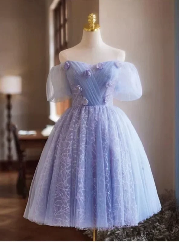 Jersey DressPurple Tulle Pleats Flower Homecoming Dress