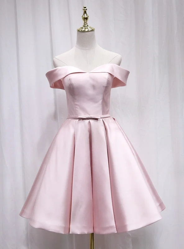 women's wrinkle-resistant dressesPink Satin Off the Shoulder Homecoming Dress
