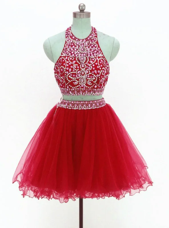 Backless DressRed Two Piece Halter Tulle Backless Beading Homecoming Dress