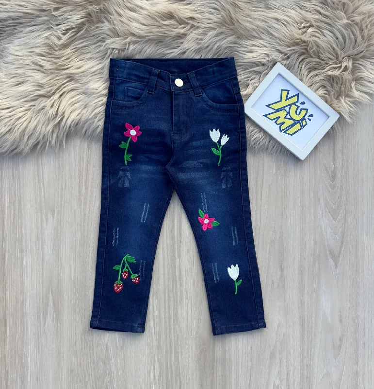 Jeans for Men with a Athletic BuildGirls' Blue Floral Embroidered Stretch Jeans