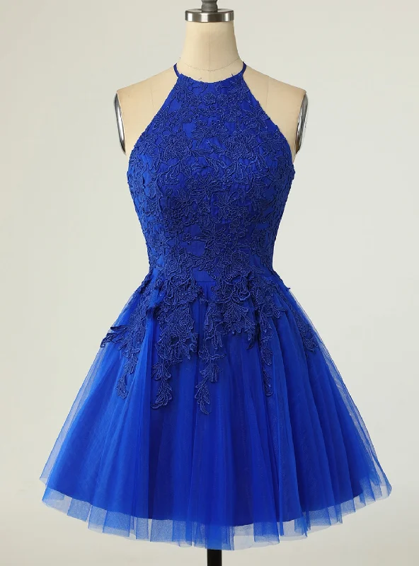 Ruffled Hem DressRoyal Blue Tulle Halter Backless Appliques Homecoming Dress