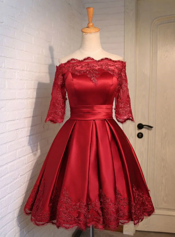 Casual Chic DressShort Half Sleeve Burgundy Satin Evening Dress Graduation Dresses