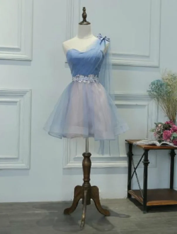 women's party dressesOne Shoulder Blue Tulle Homecoming Dress