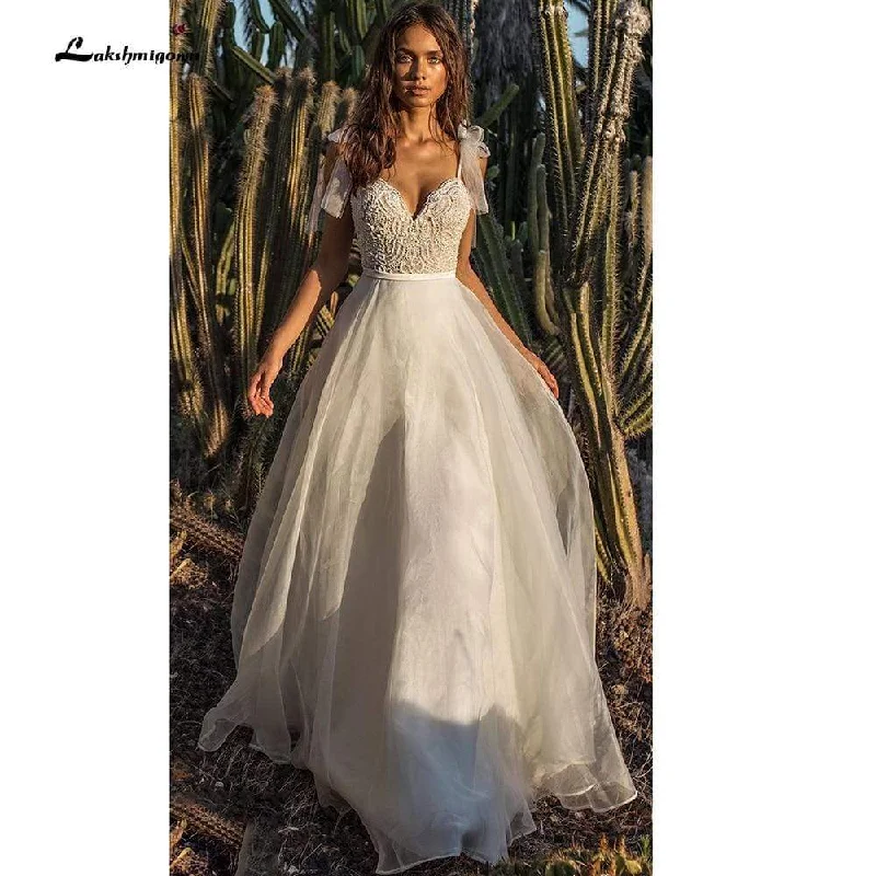 women's glam dressesRoycebridal Lace Organza V Neck boho Wedding Dresses A Line