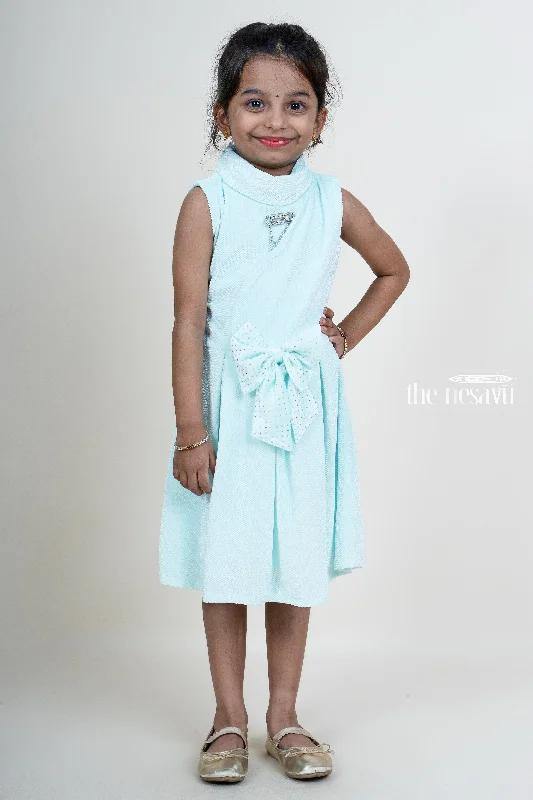 Zipper DressSkyblue Velvet Designer Bow Embellished Party Wear Dresses For Girls
