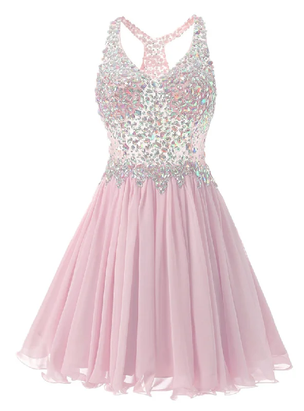 women's vintage dressesPink Chiffon V-neck Homecoming Dress
