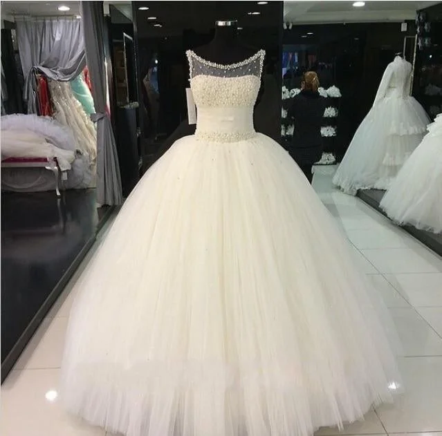 women's long-sleeved dressesSiaoryne Scoop Neck Ball Gown Pearl Wedding Dresse Princess Custom Made Novias De Novia 2018