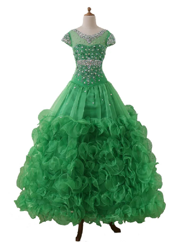 Zipper DressPrincess Green Child Pageant Party Dress Beaded Cap Sleeve Kids Flower