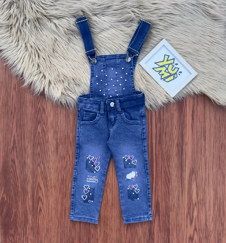 Men's Jeans with EmbroideryGirls' Denim Backless Dungaree with Heart Design