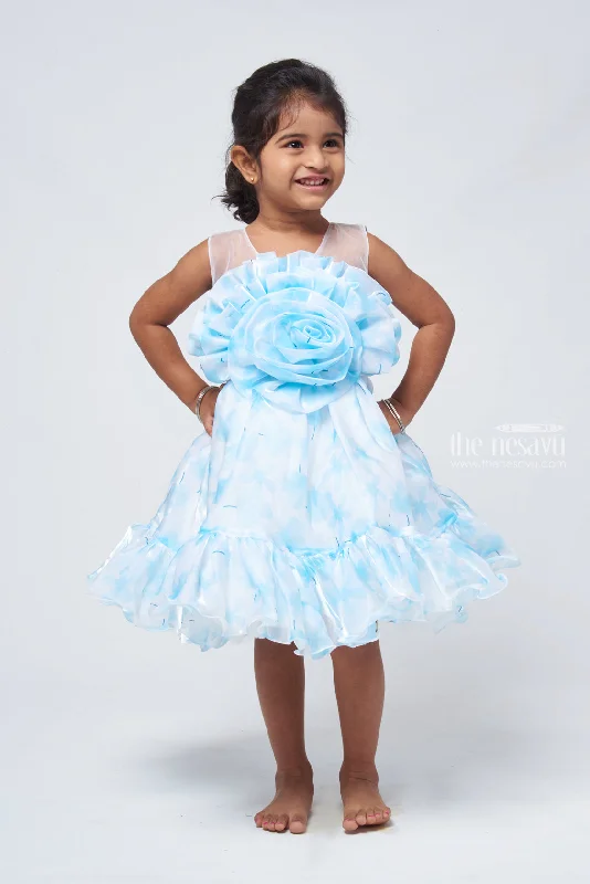 Floor-Length DressChic Blue Organza Party Dress: Designer Floral Bow & Flared Style for Girls