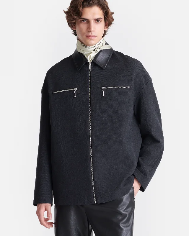 Men's Coats with ButtonsMalachi - Wool Twill and Regenerated Leather Jacket - Grey Melange/Black