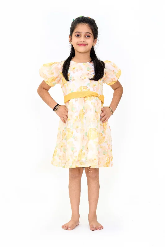 women's luxury dressesGirls Fancy Party Dress with Yellow Floral Georgette Design and Puff Sleeves