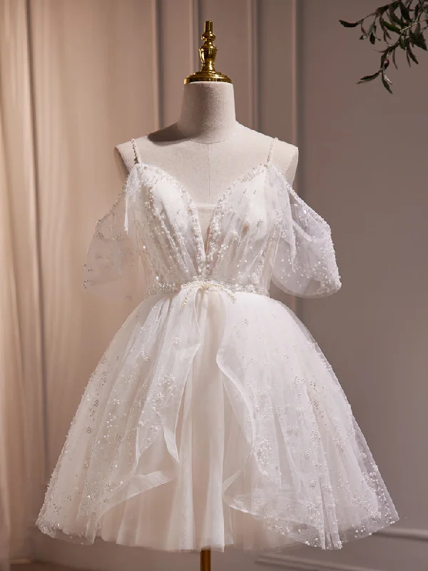 Statement DressIvory White Tulle Spaghetti Straps Pearls Homecoming Dress