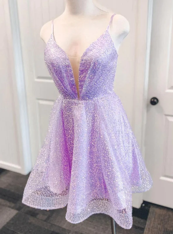 women's wedding guest dressesLavender Sequins Spaghetti Straps Homecoming Dress
