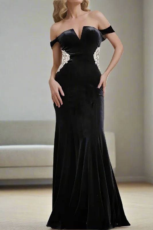 Zipper DressMermaid Beading Black Velvet Long Mother of The Bride Dresses