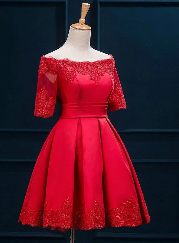 Metallic DressRed Off the Shoulder Satin Homecoming Dress