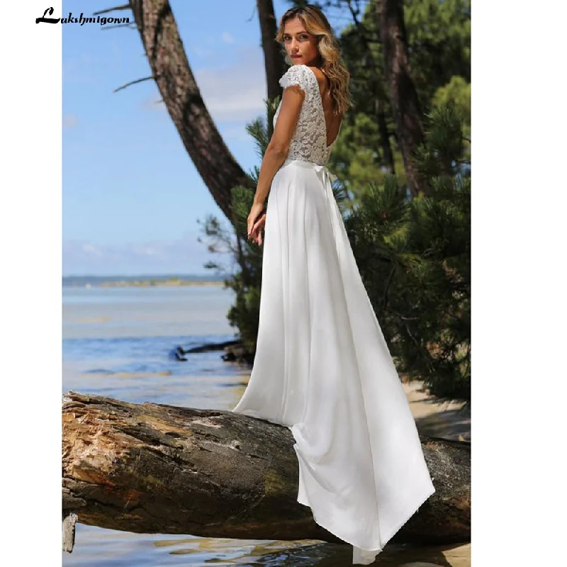 Statement DressRoycebridal Lace Beach V Shape Back Sweep Train Short Sleeve Wedding Dresses With Belt Elegant robe de mariée bohème 2021 vestido boda Statement DressRoycebridal Lace Beach V Shape Back Sweep Train Short Sleeve Wedding Dresses With Belt Elegant robe de mariée bohème 2021 vestido boda