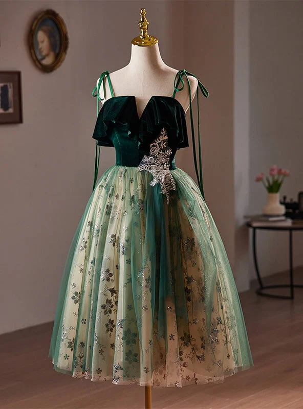 Velvet DressGreen Tulle Sequins Velvet Straps Homecoming Dress