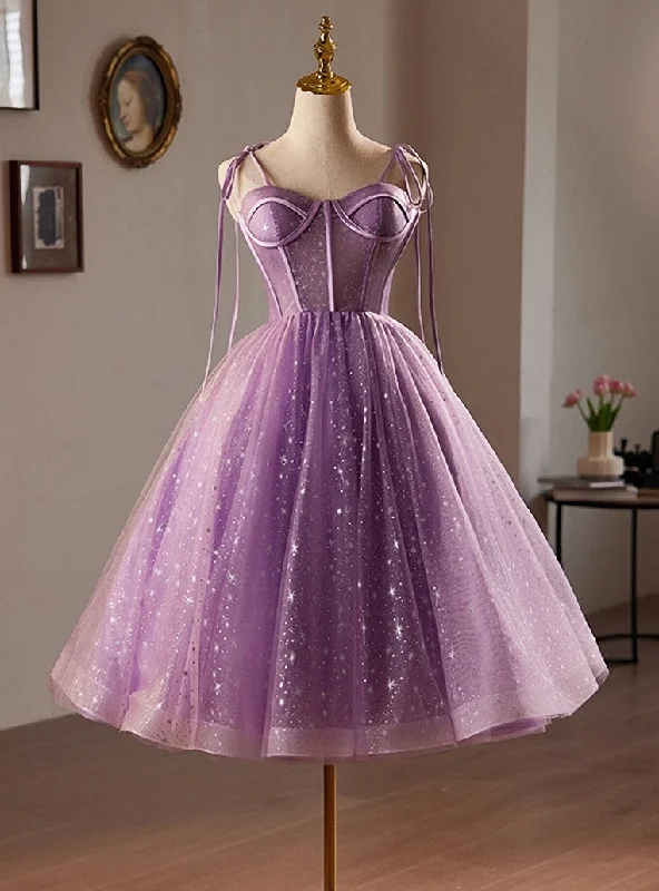 Striped DressPurple Tulle Spaghetti Straps Tea Length Homecoming Dress