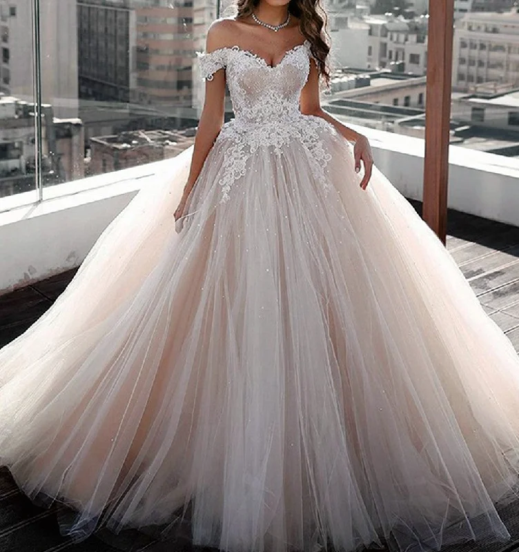 Floor-Length DressWomen Ball Gown Appliques Wedding Dresses Long Tulle Lace Bridal Gowns YWD196