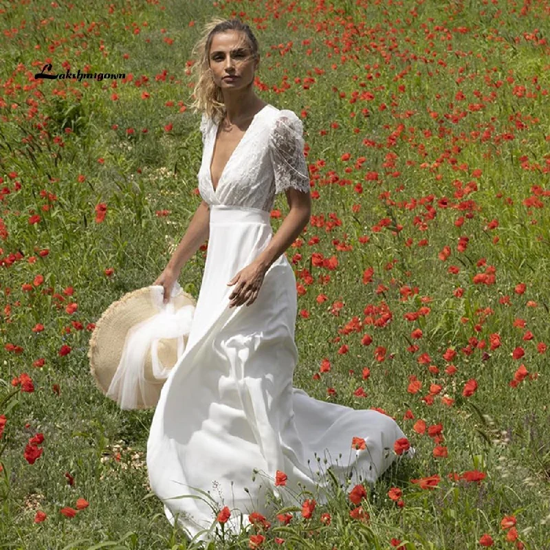 women's apple-shaped body dressesRoycebridal Lace Puff Short Sleeve Romantic Bridal Wedding Dresses