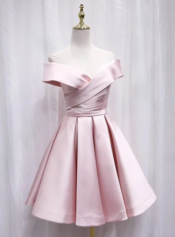 women's stretchy dressesPink Satin Off the Shoulder Pleats Homecoming Dress