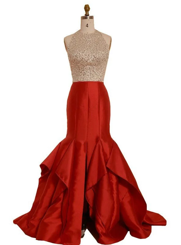 women's beach dressesNew Style Red Satin Backless Evening Dress Formal Gowns