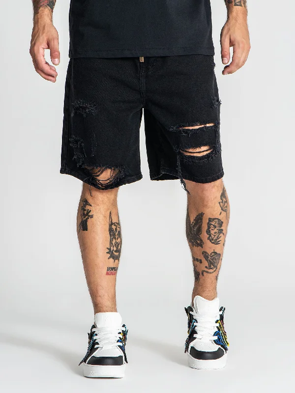 Men's Pants with Embroidered DesignsBlack Damage Ripped Shorts