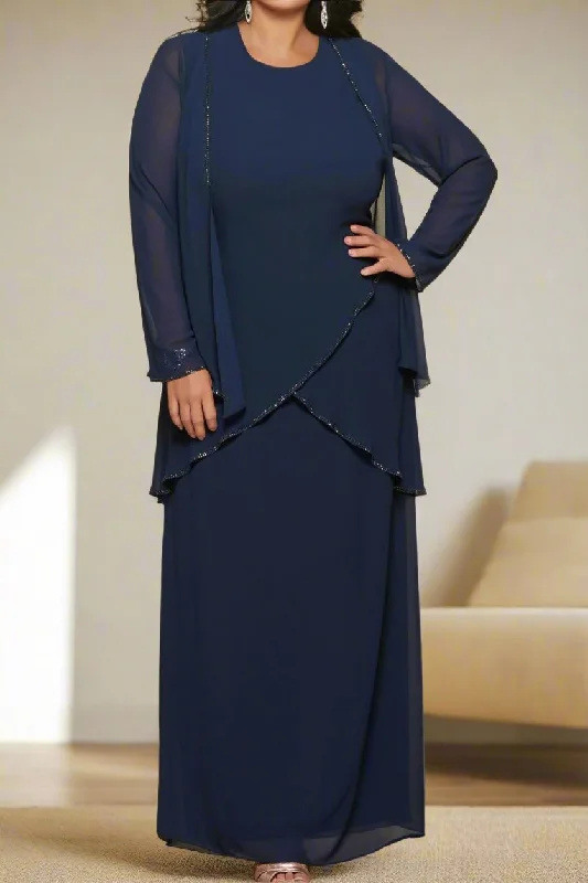 Off-The-Shoulder Dress3 Pieces Dark Navy Round Neck Chiffon Mother of The Bride Dresses