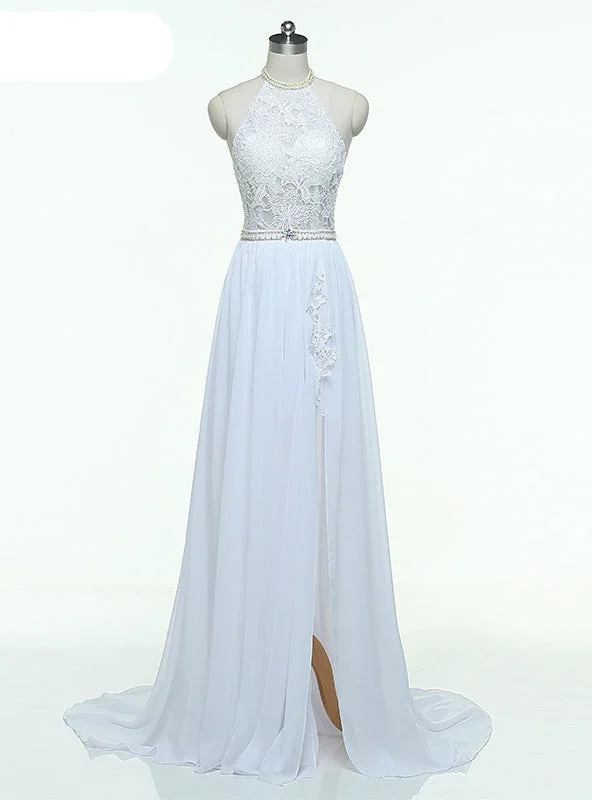 Metallic DressHalter Lace Top Sexy Backless Beach Cheap Beading Waist Split Evening Gown Long Dresses
