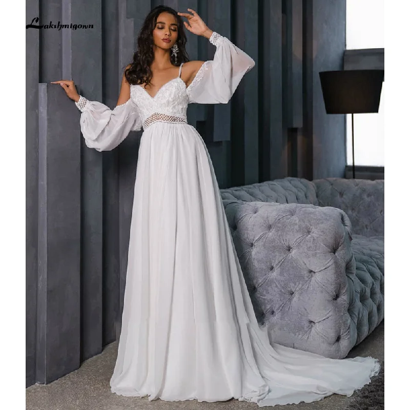 women's evening dressesRoycebridal Lace Beading Chiffon Backless Spaghetti Straps lantern Sleeve Wedding Dresses Off Shoulder V Neck robe de mariée Lakshmigown women's evening dressesRoycebridal Lace Beading Chiffon Backless Spaghetti Straps lantern Sleeve Wedding Dresses Off Shoulder V Neck robe de mariée Lakshmigown