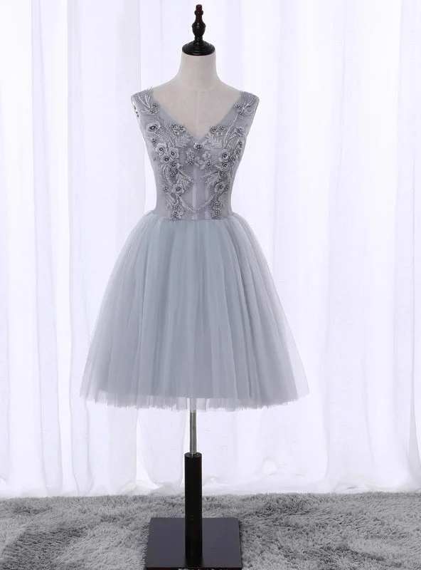 Empire DressGray V-neck Knee Length Appliques Homecoming Dress