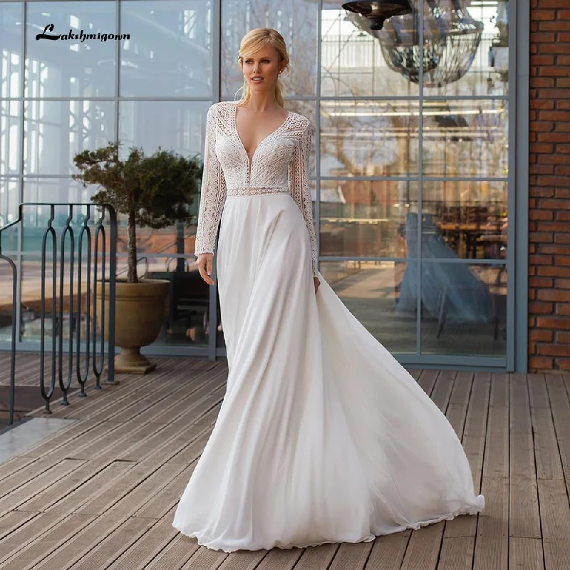 women's high-end dressesElegant Long Sleeve V Neck Lace Chiffon Wedding Dresses With Back Buttons Sexy vestidos de novia bohemio verano 2021 Lakshmigown women's high-end dressesElegant Long Sleeve V Neck Lace Chiffon Wedding Dresses With Back Buttons Sexy vestidos de novia bohemio verano 2021 Lakshmigown