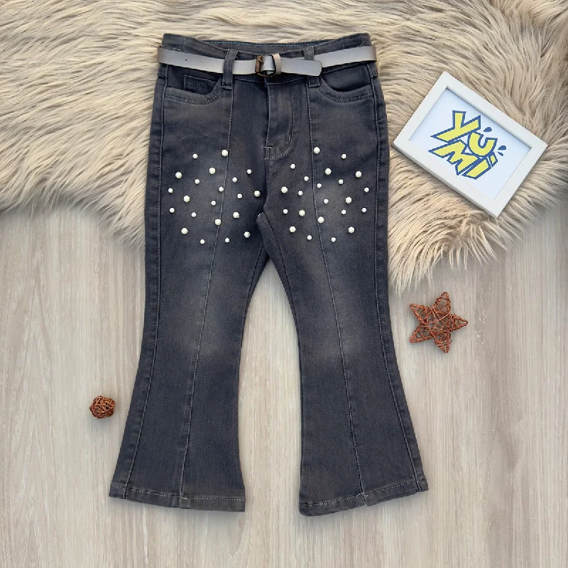 Classic Blue Men's JeansStylish Girls' Grey Jeans with Pearls